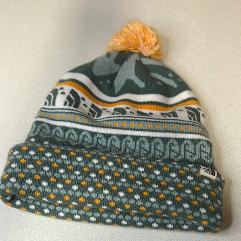The North Face Green and Orange Knit Hat with Pom-Pom